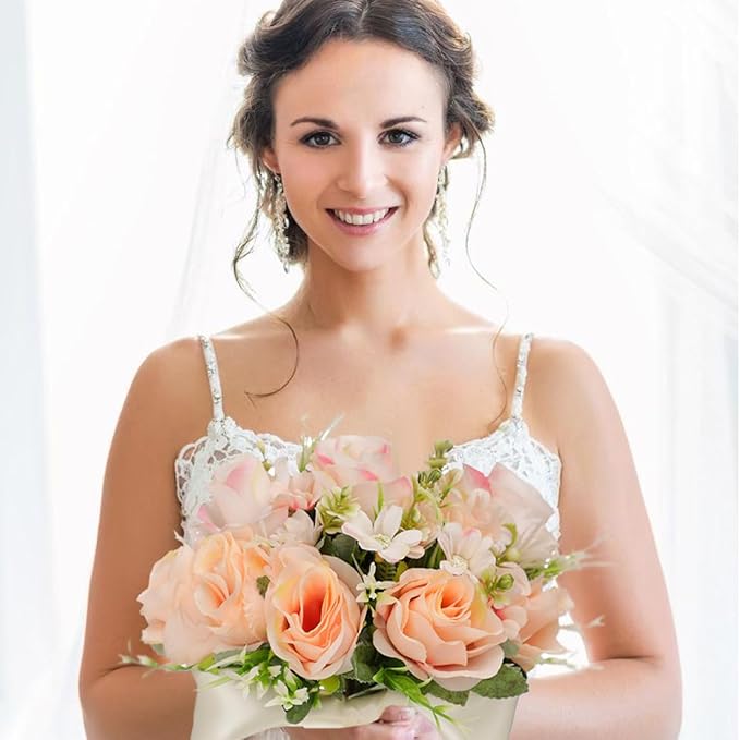 CYANLUX Wedding Bouquets for Bride Bridesmaid Bouquet Champagne White Artificial Roses Flowers for Wedding Valentine's Day Church Home Decoration (Champagne)…