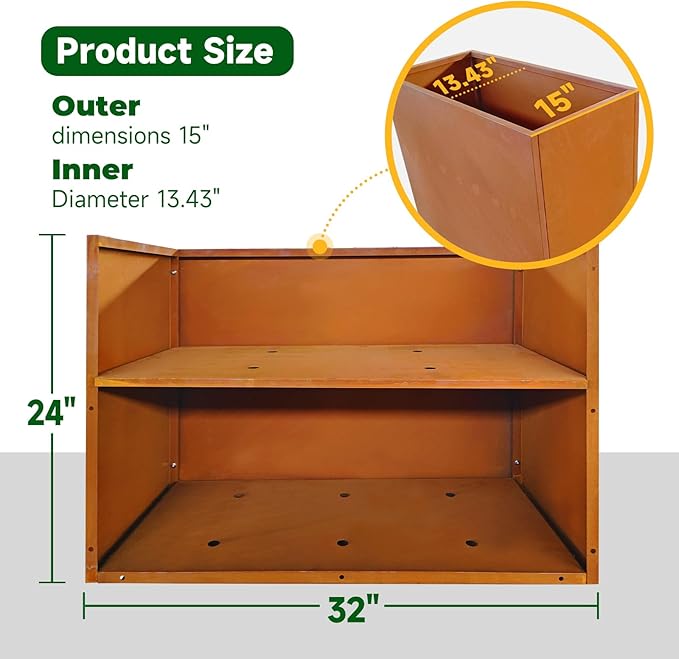 Corten Steel Outdoor Planter Box 32" x 15" x 24" for Outdoor Plants Metal Rectangle Planter Spliced Flower Box with Partitions for Outside,Indoor,Garden (Corten, 32 * 15 * 24)