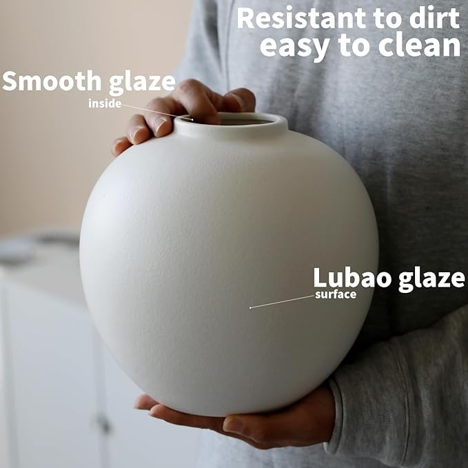Extra Large White Ceramic Flower vase, Decorative Jar Oversize Modern Centerpiece Table Decorations,Round Shape Rustic Ceramic vases for Home Decor Dining Room(White, 0614)
