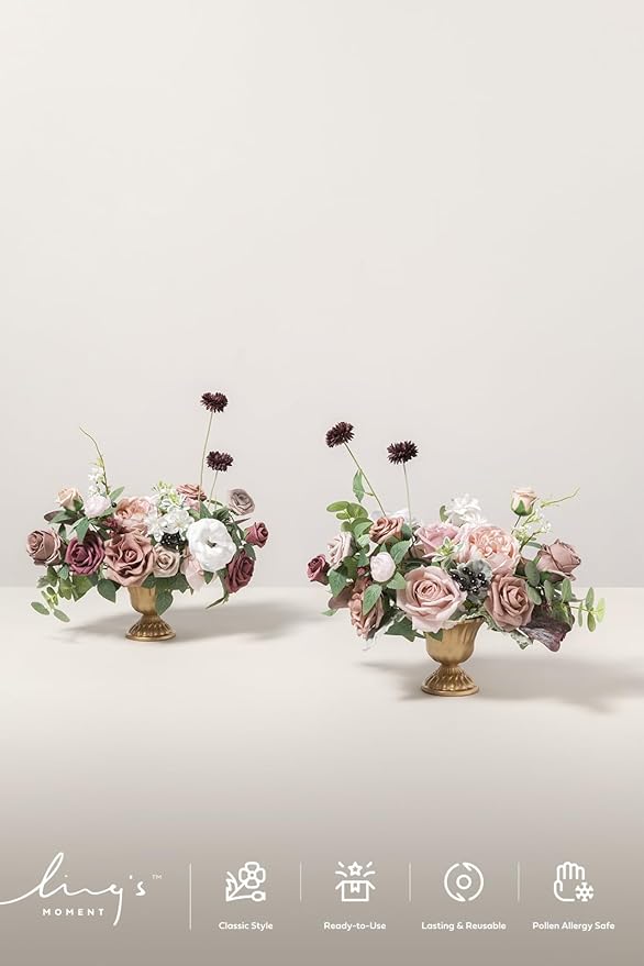 Ling's moment Dusty Rose & Mauve Artificial Flowers with Vase Wedding Decor Centerpiece Flower Potted for Ceremony Reception Tabletop Desk Flowers Mantel Archway Aisle, Fake Flowers Set of 2