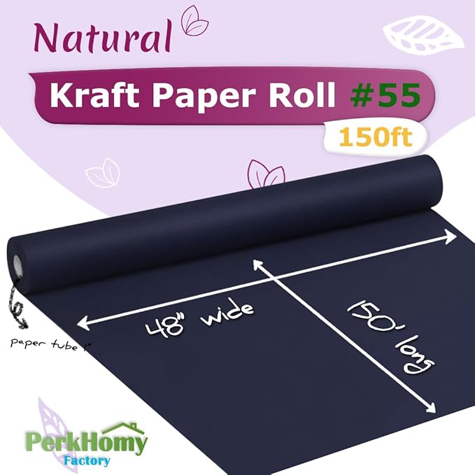 PerkHomy Navy Blue Kraft Paper Roll 48" x 1,800" (150') for Gift Wrapping Bouquet Flower Art Painting Craft Writing Packaging Shipping 80GSM 55LB (Navy Blue, 48" x 150')