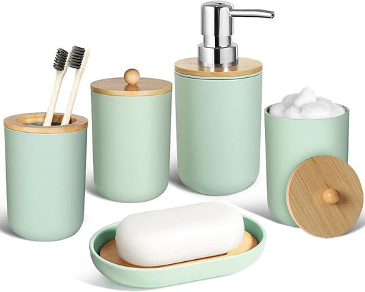 Green Bathroom Accessories Set 5 Pcs, Plastic Sage Green Bathroom Decor, Lotion Soap Dispenser and Toothbrush Holder Set, Qtip & Cotton Ball Holder, Green Bathroom Set, Boho Bathroom Decor