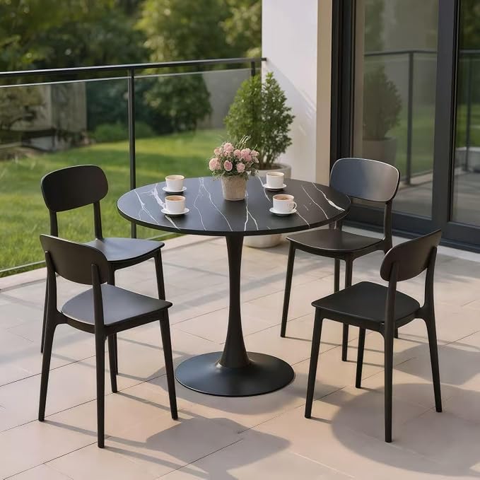 24" Tulip Table for 1-2 Persons Modern Round Dining Table, Mid-Century Modern Black Marble Small Kitchen Table with MDF Wooden Top, Leisure Coffee Table for Living Room, Dining Room, Office