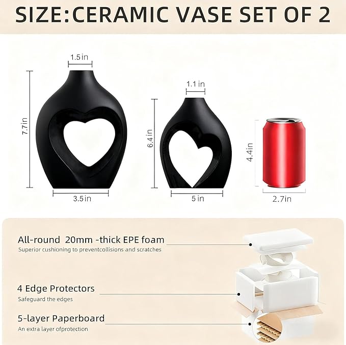 Black Vases for Decor, Heart Shaped Ceramic Vase Set of 2, Nordic Heart Shaped Vases, Minimalist Decorative Vase for Table Centerpiece Wedding Dining Living Room Office House Decoration