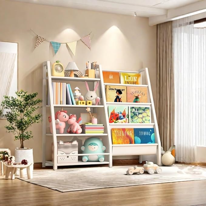Kids Bookshelf with Extra Pocket, 3 Tier Toddler Bookshelf and Toy Storage Organizer for Kids, Bedroom, Playroom and Nursery, White