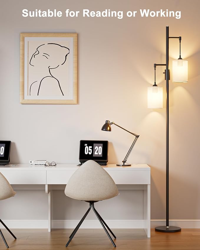 Lightdot 65IN Black Floor Lamp for Living Room, Industrial 2-Light Tree Floor Lamps with Linen Shade, Modern Standing Tall Lamp with 5Lbs Heavy Base for Bedroom/Sofa Beside/Corner Decor(Bulb Included)