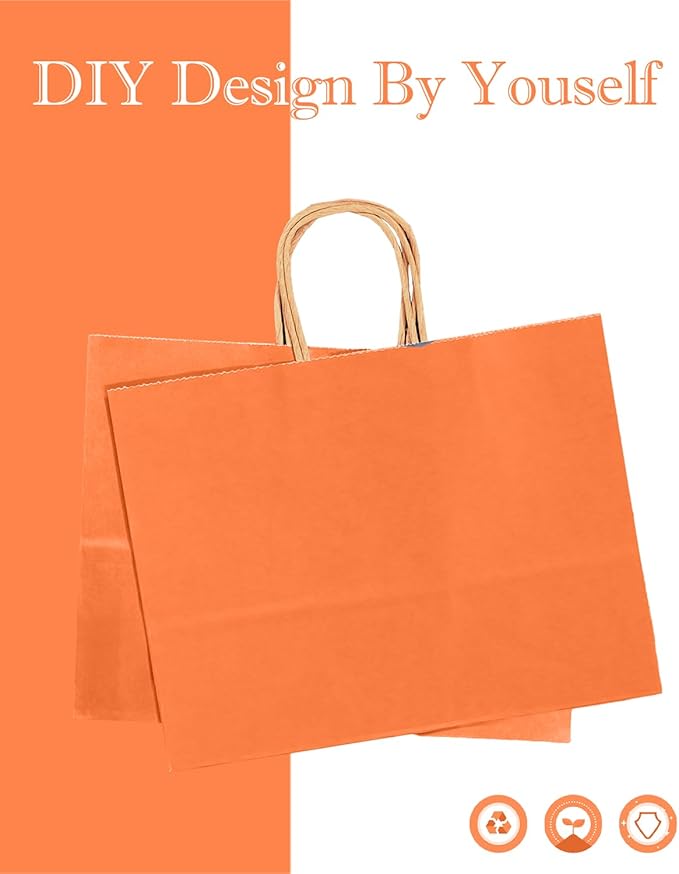 qiqee 13"x4.5"x10" Large Gift Bag with Handles Bulk 32PCS Gift Paper Bags Orange Bags Multiple Uses (Wide Large)