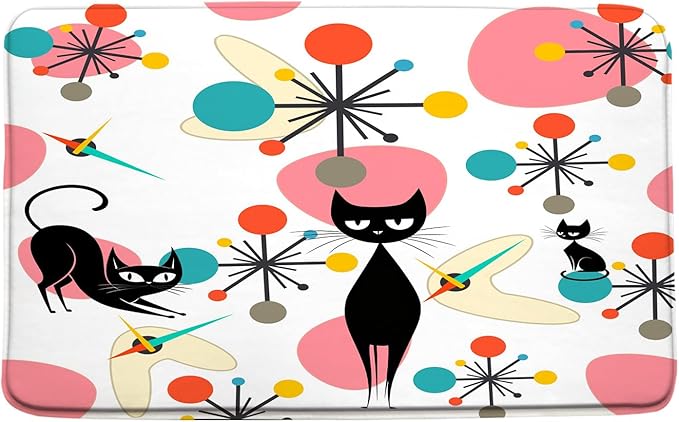 Mid Century Black Cat Bath Mat,Pink Teal Modern Atomic Geometric Bathroom Rug Shower Floor,Retro 50s 63s Vintage Bath Rug,Absorbent Doormat Bedroom Rug Kitchen Toilet