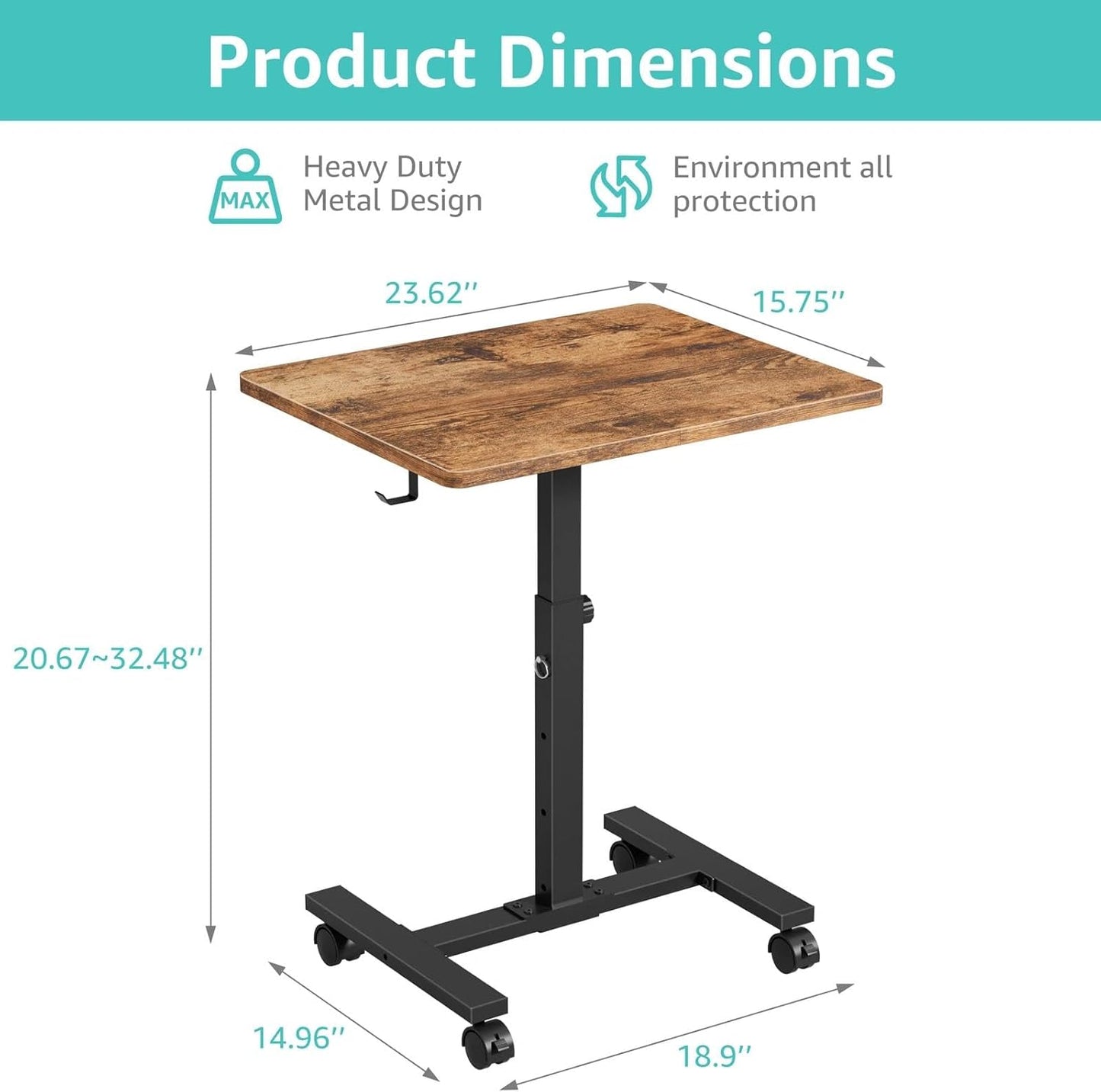 Small Portable Standing Desk by [Brand Name] - 24-Inch Adjustable Height Mobile Desk on Wheels | Rustic Brown for Kids & Small Spaces