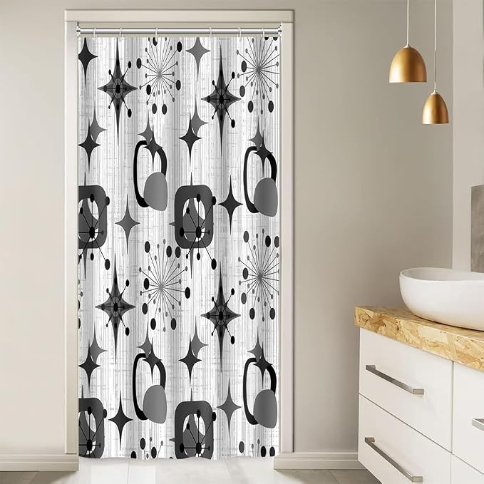 Mid Century Shower Curtain, 36x72inch, Modern Abstract Retro Grey Striped Geometric Shower Curtain Sets 1950s Boho Bathroom Shower Curtain with 6 Hooks