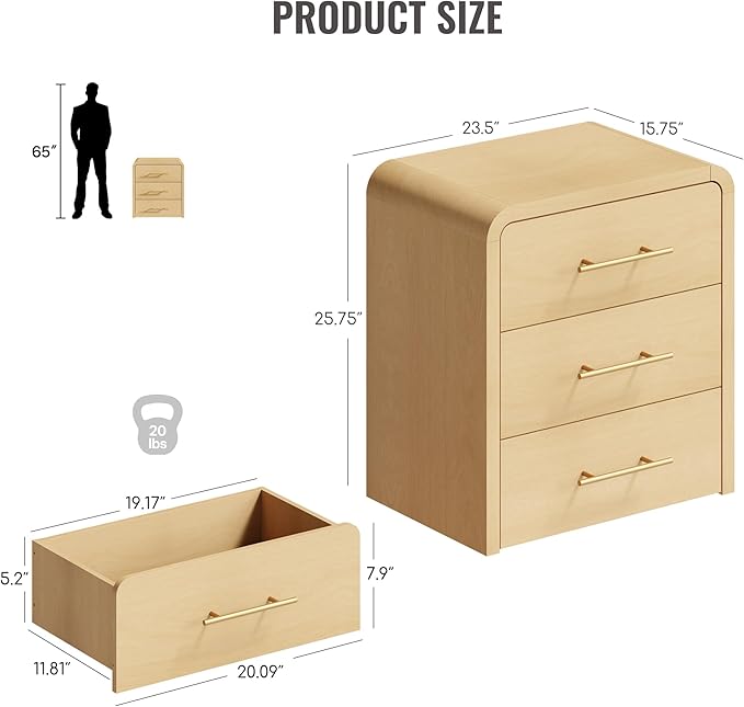Curved 3-Drawer Nightstand Dresser Set of 2, 23.6'' Wide Modern Wood Bedside Tables with Long Metal Handles, Large Storage End Tables for Bedroom, Office, Natural Oak