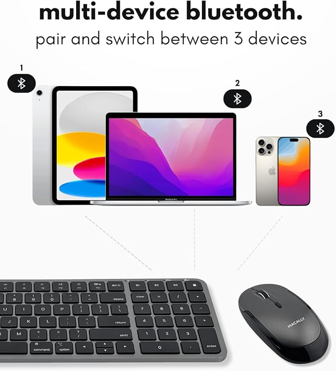 Macally Bluetooth Mac Keyboard and Mouse - Compact (2 Zone) Wireless Apple Keyboard and Mouse Combo with Number Pad - Multi Device, Rechargeable - for Mac, MacBook Pro/Air, iPad, iPhone - Space Black