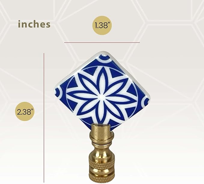 Royal Designs, Inc. Blue & White Porcelain Mandala Flower Design Finial for Lamp Shade, Polished Brass