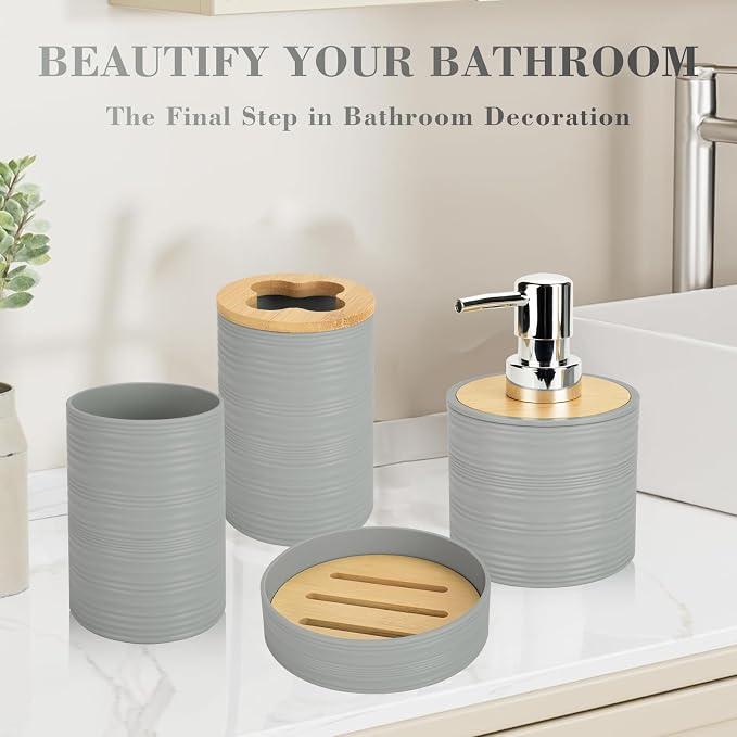 4 PCS Grey Bathroom Accessories Set, Includes a Soap Dispenser, Toothbrush Holder, Soap Dish and Mouthwash Cup, Plastics & Bamboo Bathroom Set, Bohemian Style Bathroom Sink Set
