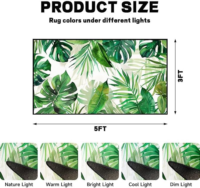 3'x5' Tropical Palm Leaf Rug Monstera Banana Leaves Floor Mat for Entryway Bedroom Living Room Nursery Playroom Home Decor Washable Low Pile Green Botanical Area Rug