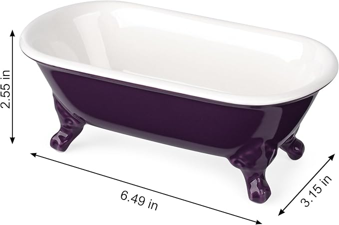 6.5" Ceramic Mini Decorative Clawfoot Bathtub Bar Soap Dish, Kitchen Sponge Holder and Shower Tray for Bathroom, 1 Pack(Plum)
