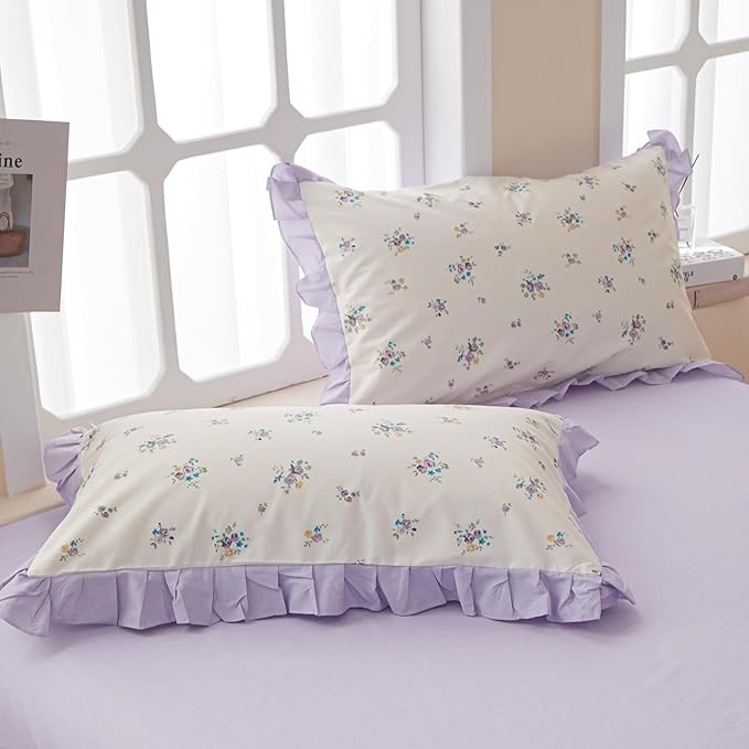 VM VOUGEMARKET Twin XL Comforter Set Twin,Garden Botanical Lavender Flower Bedding Set,Lace Ruffle Comforter and 2 Pillow Shams for Girls Women(3pcs,Twin XL)