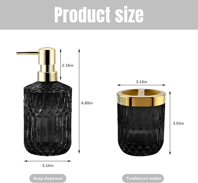 2Pcs Black Bathroom Accessories Set, Glass Bathroom Accessories, Vintage Bathroom Countertop Decoration Includes Soap Dispenser, Toothbrush Holder