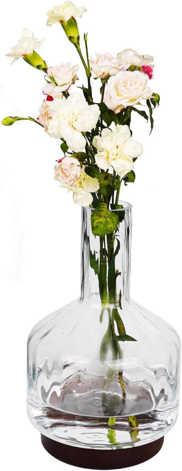 Decorative Glass Vase with Wooden Base, Modern Design for Fresh Flowers, Home and Office Decor