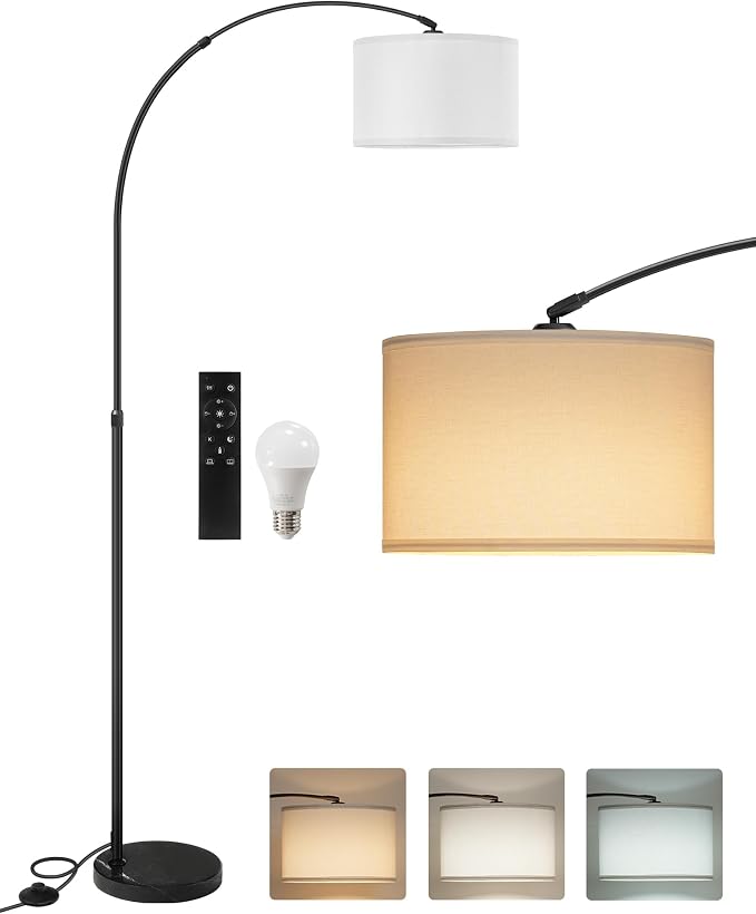 75" Arc Floor Lamp with Marble Base and Adjustable Height, Rotating Hanging Shade, Dimmable Floor Lamp for Living Room with Remote and Foot Switch, 3CCT, Over Couch Arched Light, White Shade W15LD05