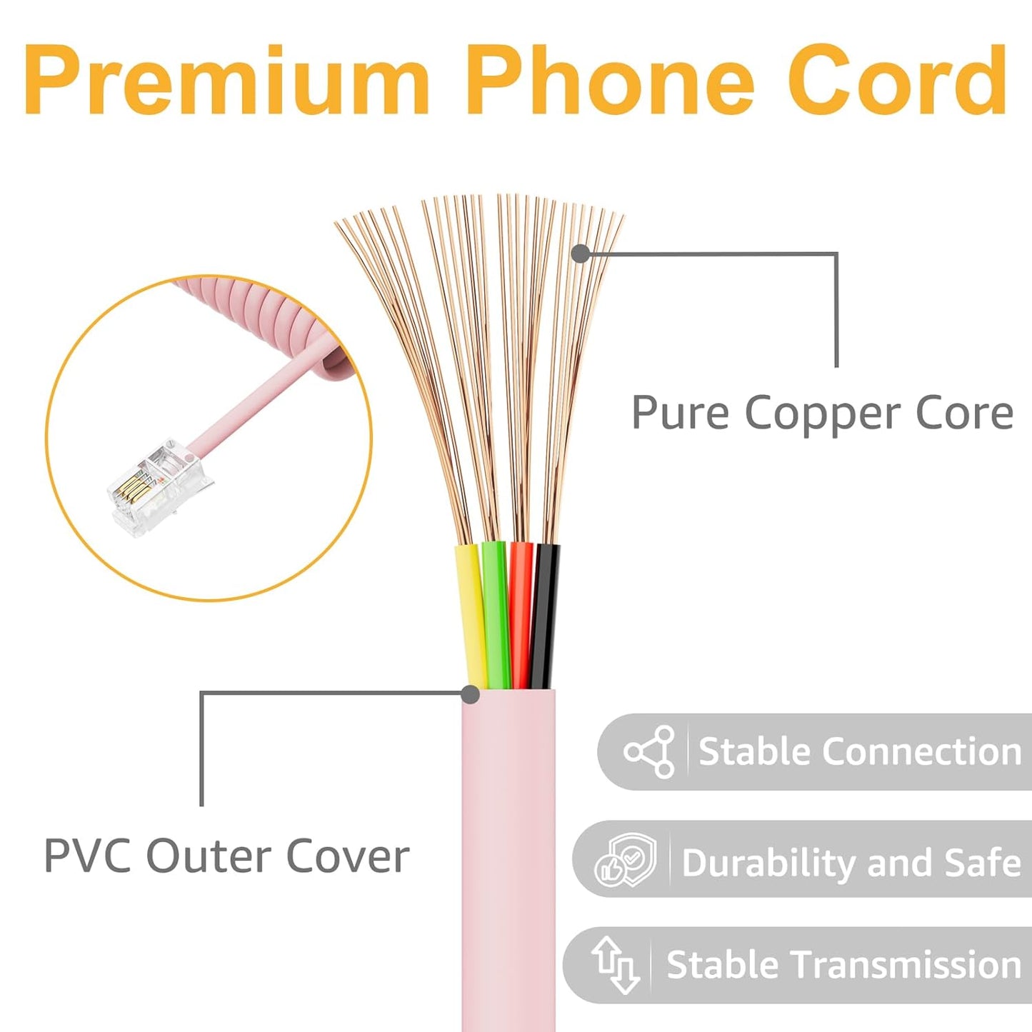 Uvital 16FT Pink Extra Long Phone Handset Cord - Coiled Length 2FT | RJ9 Telephone Cord for Landline Phones