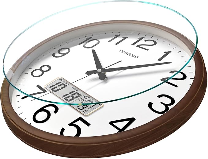 TIMESS Wall Clock, Classic Wood Style Finish, 11 Inch Non-Ticking Silent Battery Operated Quartz Analog with Perpetual Calendar and F° Temperature Display, Home, Office Décor (Wood Brown)