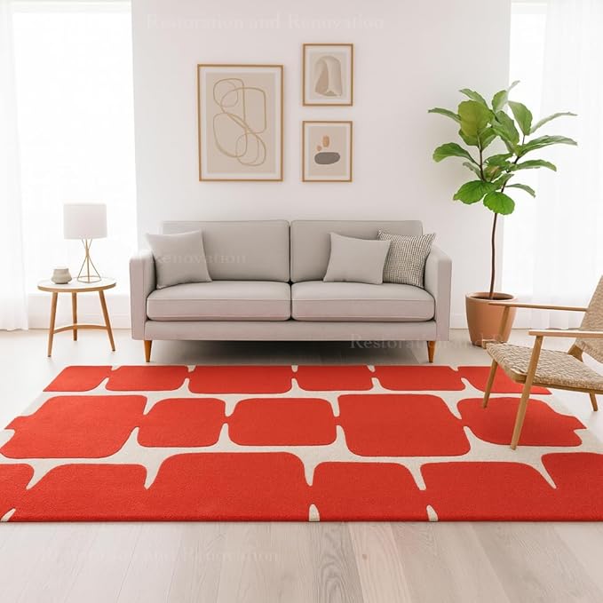 Restoration and Renovation Modern Wool Area Rug - Contemporary Abstract Geometric Design, Thick & Soft Hand-Tufted Carpet - Ideal for Indoor Decor in Living Room, Bedroom (Poppy, 2.6' x 8')