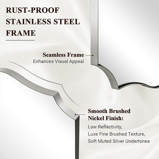 ANDY STAR 36x48 Inch Brushed Nickel Mirror, Silver Bathroom Mirrors for Vanity, Large Asymmetrical Mirror in Anti-Rust Stainless Steel Thin Frame, Elegant Curved Scallop Design, Ideal for Home Remodel