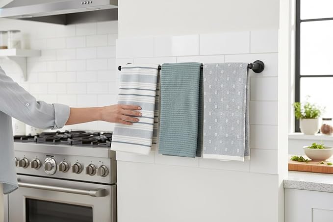 Blue White Kitchen Hand Dish Towels: Oversized 28" x 16",100% Cotton Cloth Soft Cleaning Drying Absorbent Striped Solid Polka Dot Design, Set of 3 Multipurpose for Everyday Use (Blue Austin)
