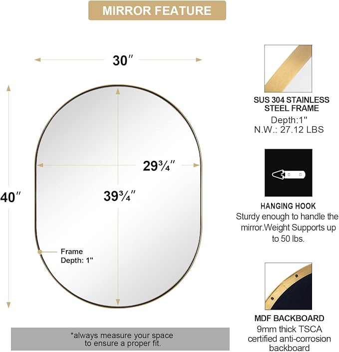ANDY STAR 30x40'' Large Brass Oval Mirror, Brushed Brass Bathroom Mirrors Pill Shaped in Stainless Steel 1’’ Deep Wall Mounted Vertically & Horizontally