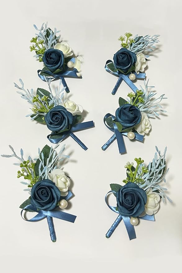 6PCS Navy Blue Boutonniere for Men, Groomsmen Guest Boutonniere, Artificial Flowers for Wedding Decor Prom Homecoming