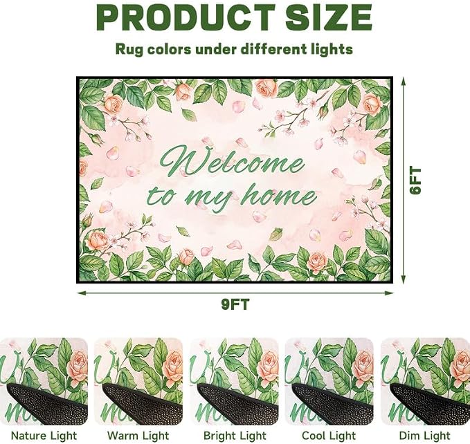 Welcome Rug Floral Area Rug for Bedroom Living Room Nursery Playroom Classroom Home Decor Pink Rose Green Leaf Carpet Non-Slip Washable Floor Mat,6'x9'