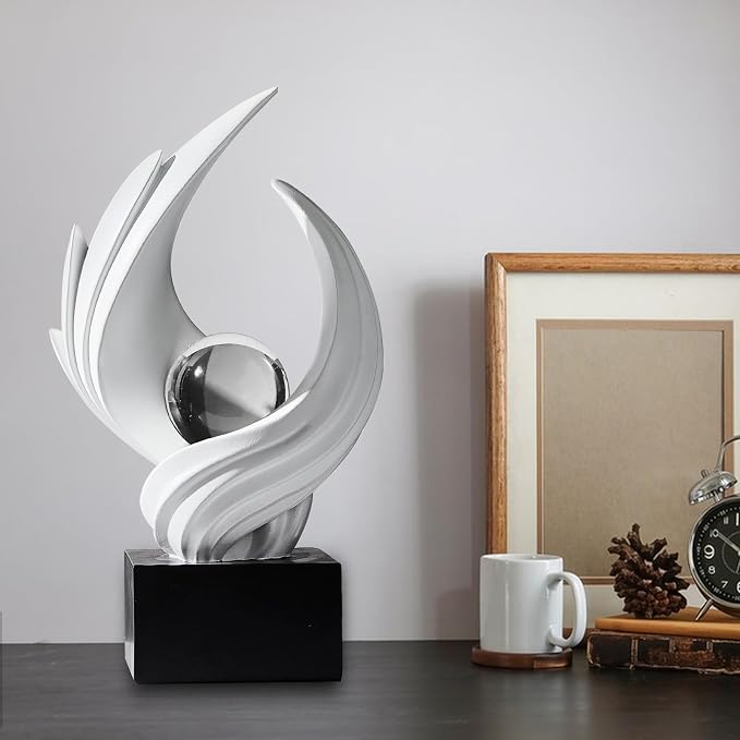 Modern Art Statue Decor, Abstract Swirl-Shaped Sculpture with Glass Ball Resin Art Figurines Centerpiece Sculptures for Home Decor Living Room Stand Coffee Table Office Bookshelf Decoration (white)