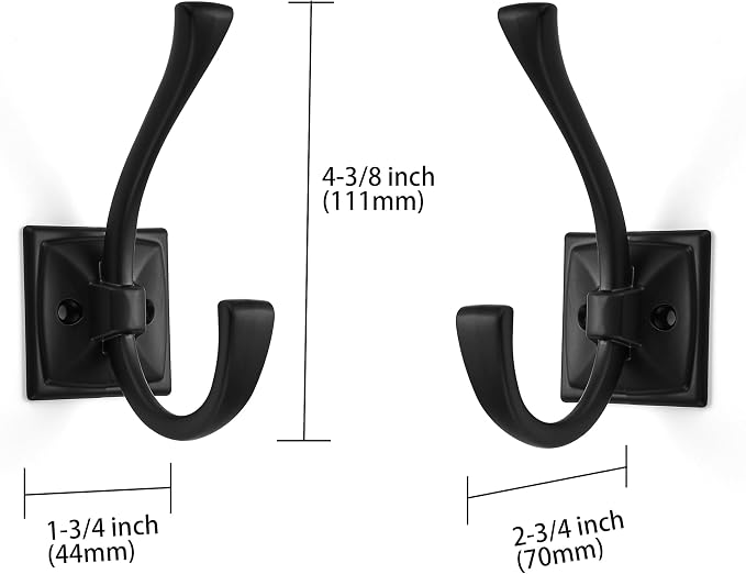 Large Wall Hooks 10 Pack Matte Black Coat Hooks Hardware Towel Hooks for Hanging Coats 4.35 Inch Double Robe Hooks Wall Mounted with Screws for Key, Towel, Bags, Cup, Hat