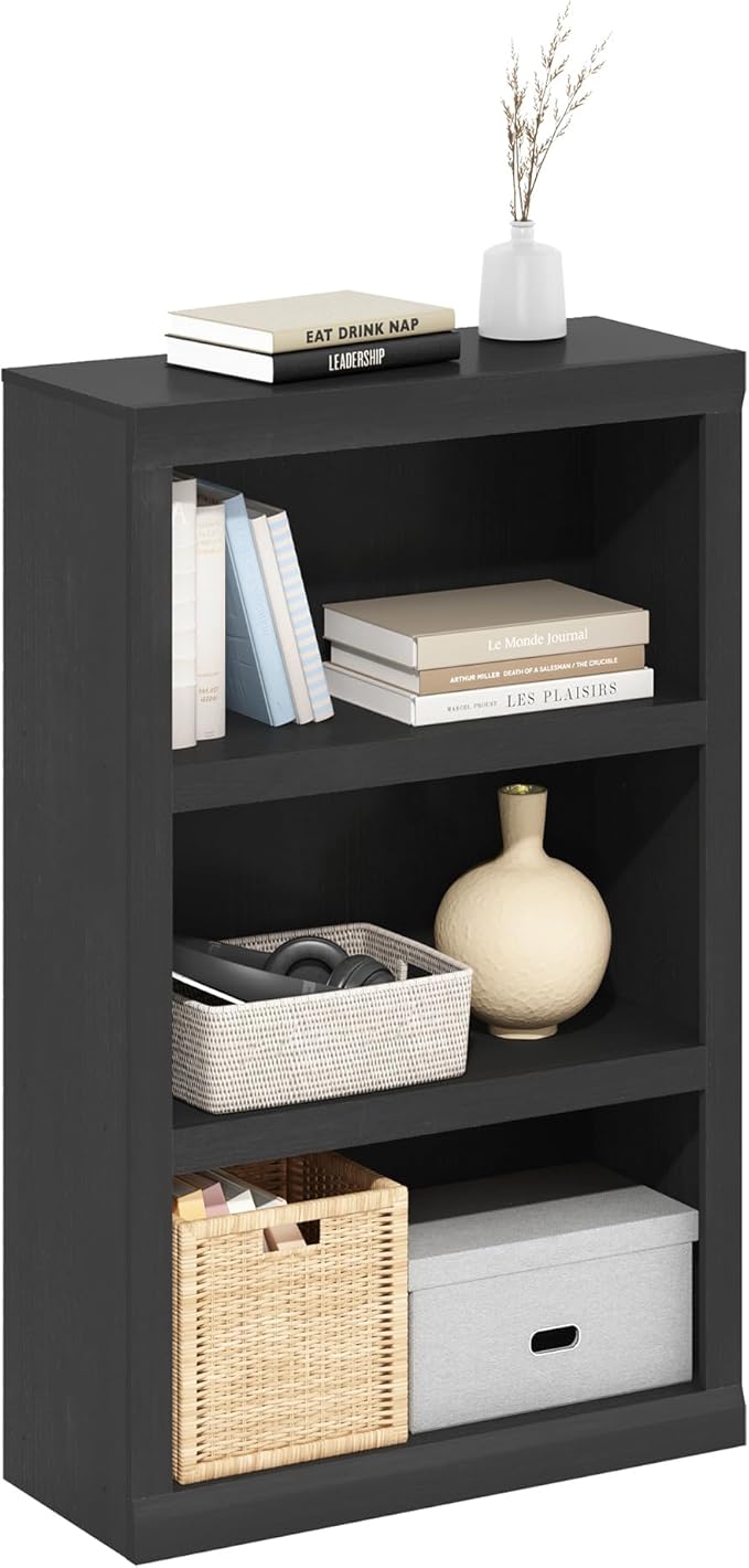 Furinno Rail Book Shelf, 3-Tier Bookshelf, Bookcase with Open Shelf, 10.1 x 24.6 x 39, for Living Room, Bedroom, Home Office, Blackwood