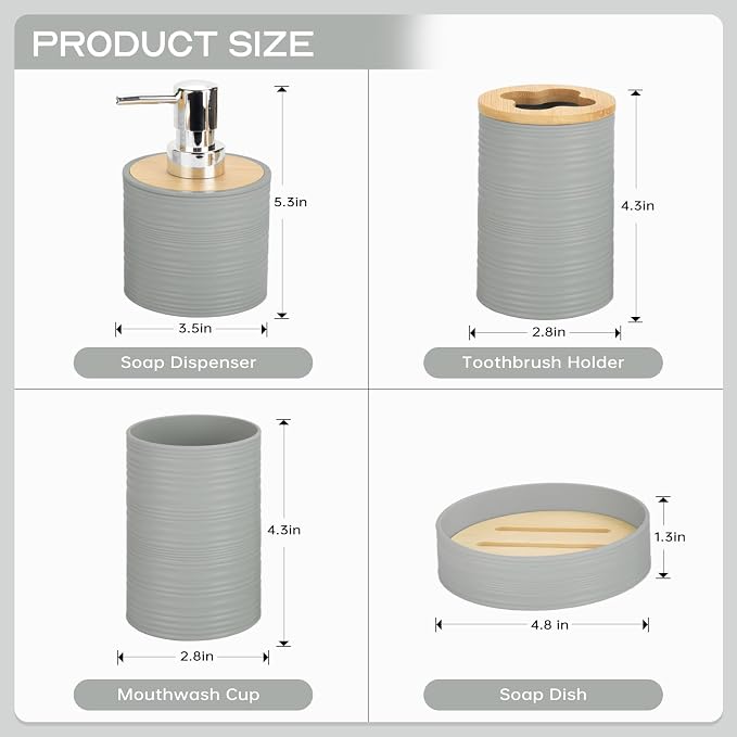 4 Pieces Bamboo Bathroom Accessories Set, Bathroom Accessory Set with Soap Dispenser and Toothbrush Holder, Soap Dish and Toothbrush Cup, Boho Bathroom Decor(Grey)