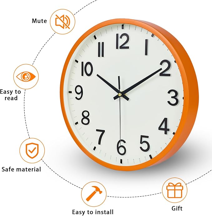 Wall Clock 10 Inch Silent Non-Ticking Modern Clocks Battery Operated Beige OrangeAnalog Wall Clock Classic for Office, Home, Bathroom, Kitchen, Bedroom, School, Living Room(Beige and Orange)
