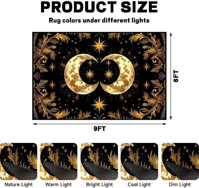 Sun Moon Star Area Rug 6'x9' Golden Boho Carpet Non-Slip Washable Low Pile Floor Mat for Bedroom Living Room Nursery Playroom Classroom Home Decor