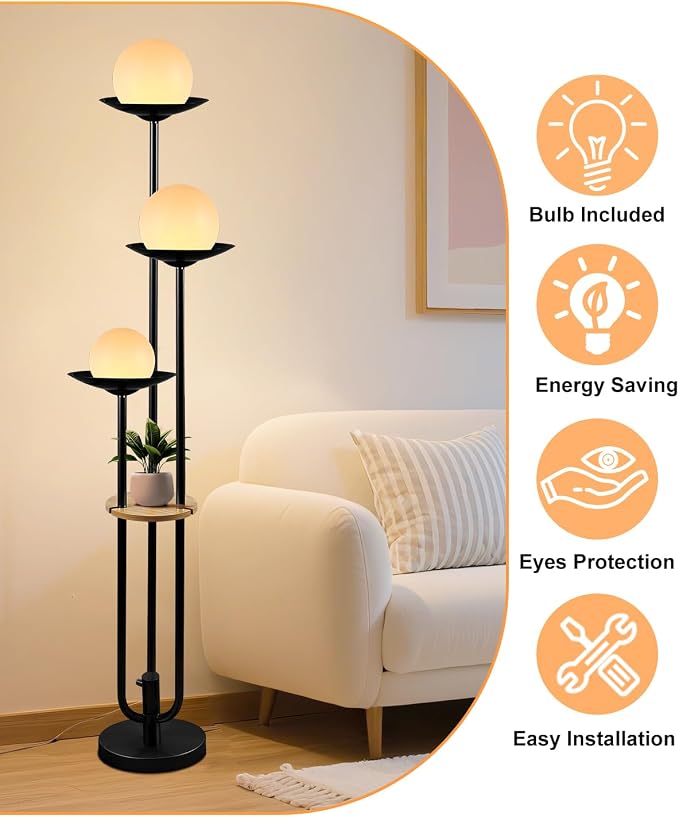 63IN Globe Floor Lamp with Table, 3-Lights Modern Dimmable Floor Lamps with 3000K Warm White Bulbs for Wedding/Party, Black Tall Standing Lamp with 5Lbs Heavy Base for Living Room/Bedroom