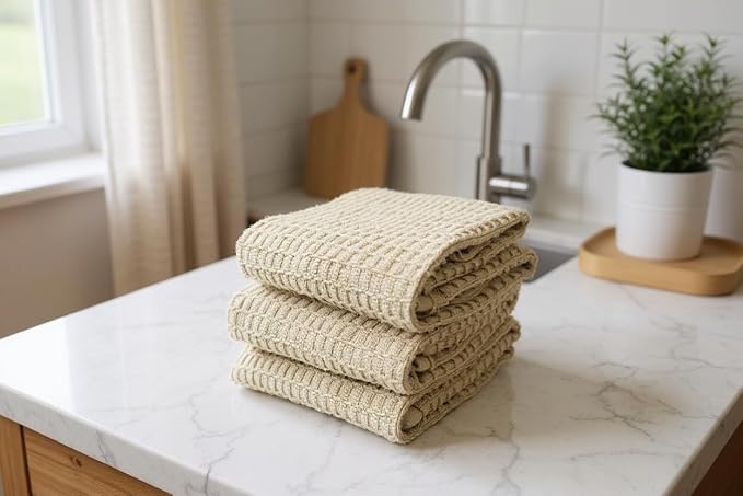 Serafina Home Tan Beige Kitchen Dish Hand Towels 100% Cotton Waffle Cloth Soft Cleaning Drying Absorbent Terry Box Loop: Set of 3 Multipurpose for Everyday Use Oversized 16" x 28"