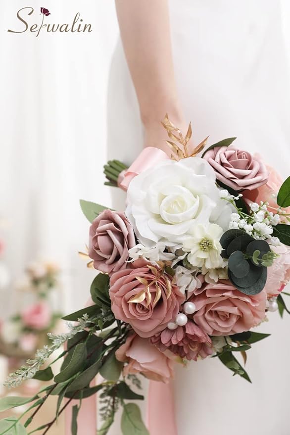 Serwalin 9.8 Inch Wedding Bouquets for Bride Bridesmaid, Dusty Pink Peonies Bridal Bouquets for Bride, Wedding Flowers Bouquet Tossing Bouquet, Wedding Ceremony and Anniversary Day Decor