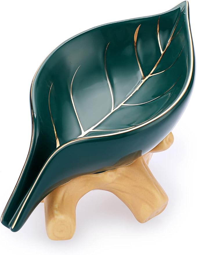 JUXYES Ceramic Soap Dish Holder Self Draining, Unique Waterfall Soap Dish Leaf Shape Decorative Soap Dish Tray Tabletop Drainable Soap Saver Bathtub Waterfall Soap Dish Holder for Bathroom Shower