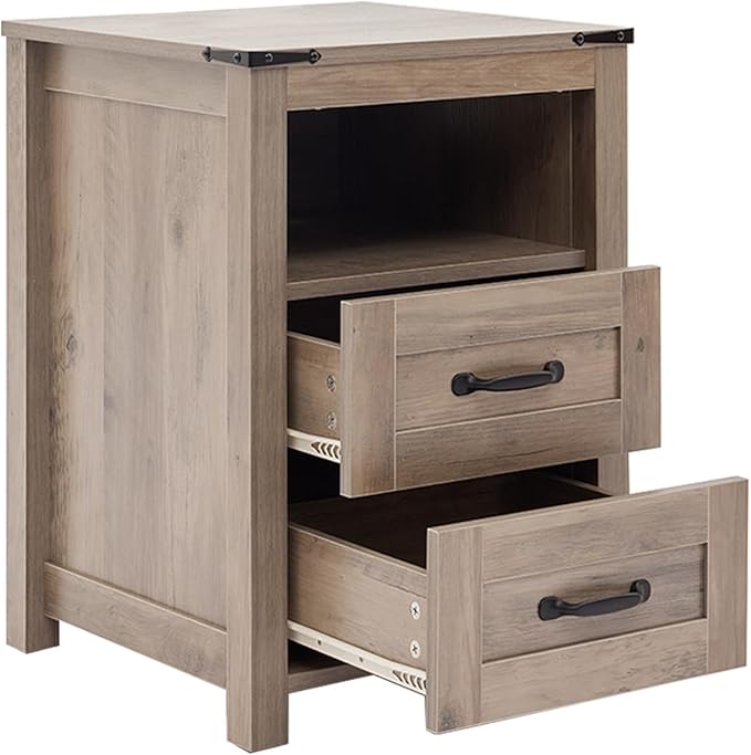 Farmhouse Night Stand, Rustic Sierra Nightstand for Bedroom, End Tables Without Charging Station, Bedside Table with Drawers, Wood Bedside Cabinet Dresser
