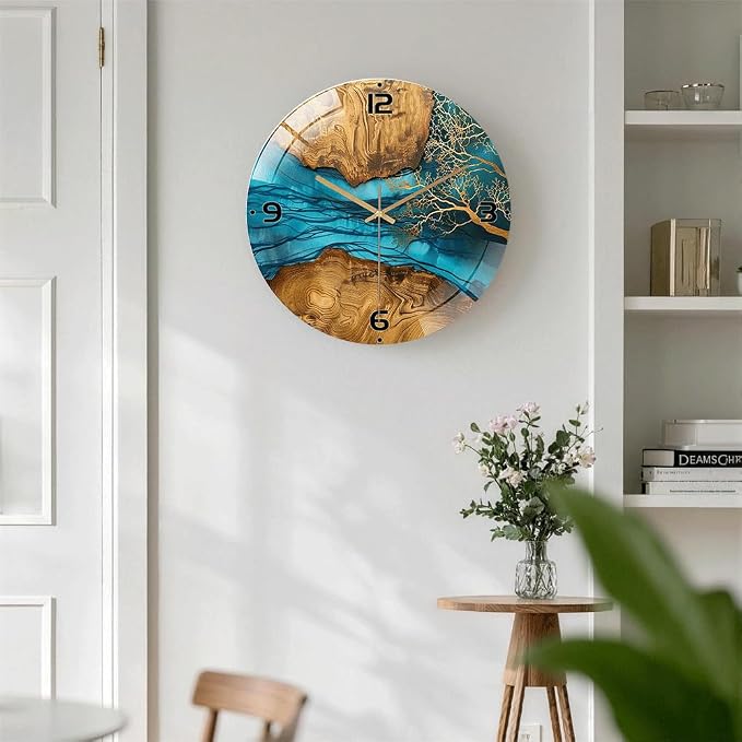 12 Inch Blue River Glass Wall Clock Silent Modern Art Decor | Silent glossy resin and wood-style wall clock perfectly tracks time, adding modern art to your living room