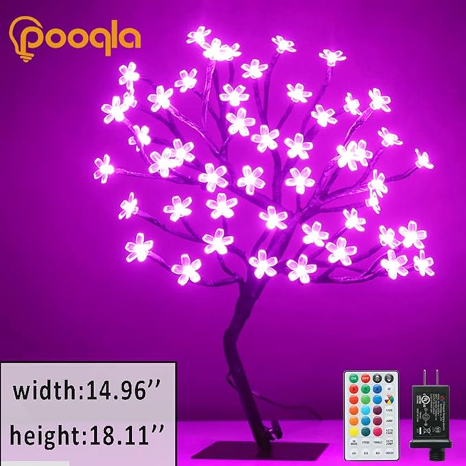 Pooqla 18 Inch 48 LED RGB Cherry Blossom Tree Light with Remote 16 Color-Changing LED Artificial Flower Bonsai Tree Table Top Lamp Home Lit Tree Centerpieces Christmas Decor