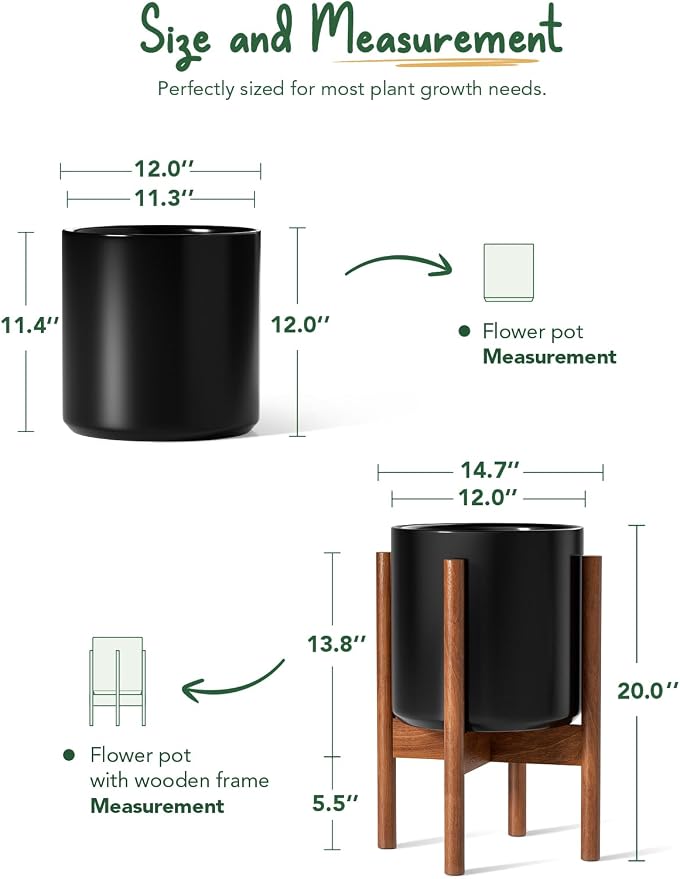 LE TAUCI 12 Inch Planter with Acacia Wood Stand, Large Ceramic Indoor Plant Pot with Drainage Hole & Plug, Mid Century Modern Plant Holder for Fiddle Leaf Fig, Monstera, Snake Plant, Black