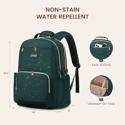 LOVEVOOK Laptop Backpack - Waterproof Travel Bag for 18-Inch Laptops | Large Capacity, Dark Green