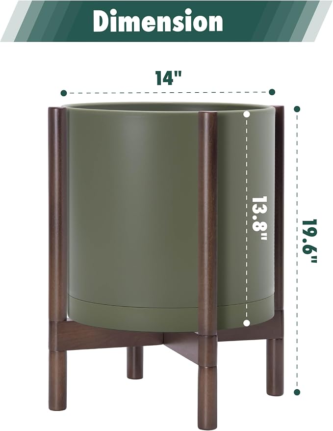 D'vine Dev Planter Pot with Stand - 14 Inch Plastic Cylinder Flower Pot with Wood Planter Holder for Indoor, Olive Pot + Walnut Color Stand, 55-C-R-4