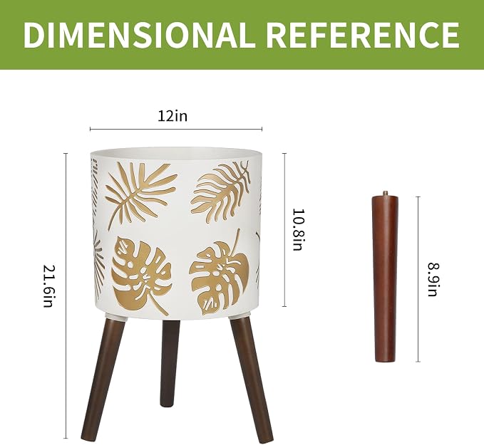 12 Inch Planter, Plant with Stand, Large Planters for Indoor Plants,Flower Pot with Drainage Holes for Outdoor,White and Gold