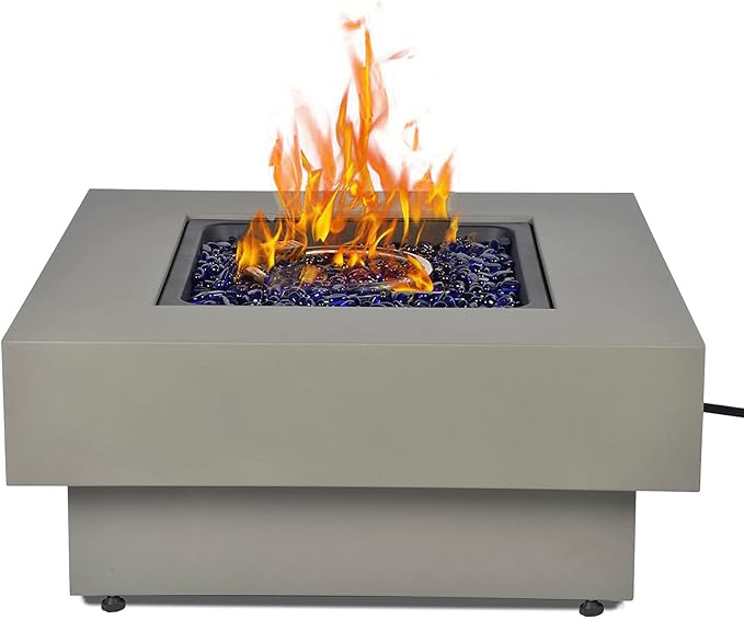 Propane Fire Pit Table, 32.5-inch 50,000 BTU Outdoor Gas Fire Table for Patio w/Lid, Glass Rocks, Cover, Pre-Attached 10ft Propane Hose, Flint Gray